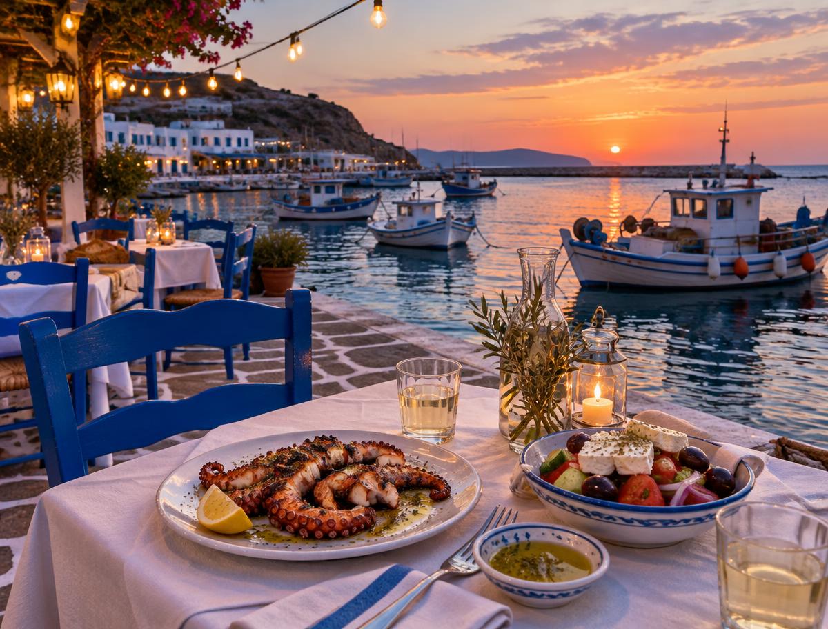 Seaside taverna table with grilled octopus overlooking fishing boats